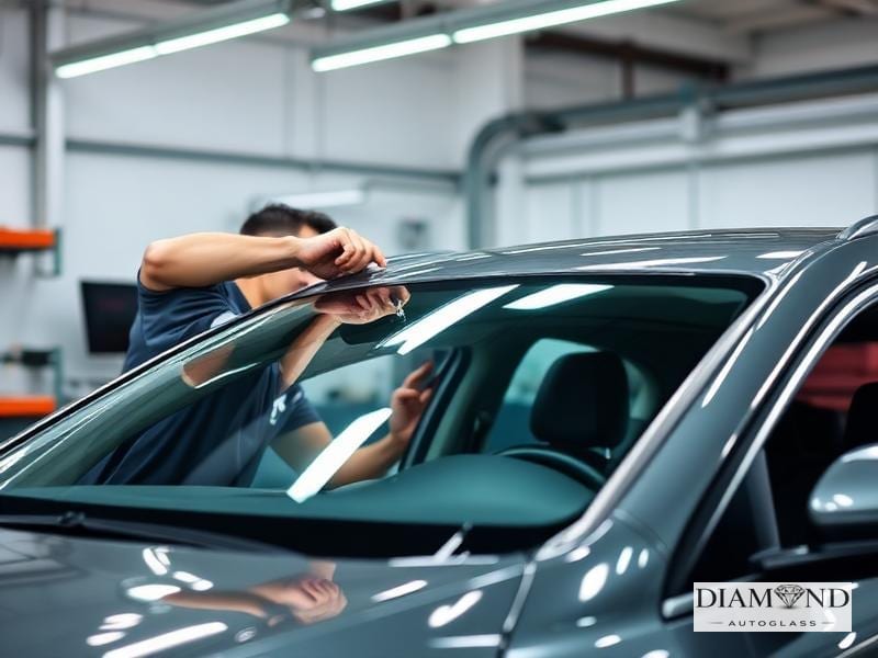 Technician fitting a windshield on a car inside a shop