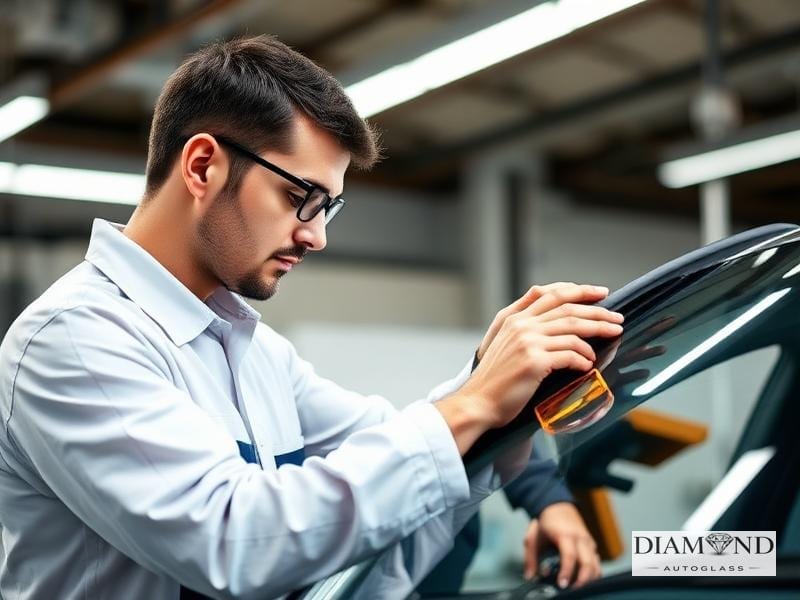 Technician inspecting a vehicle windshield in a workshop