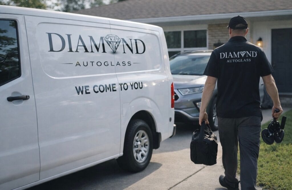 Technician carrying tools past a white Diamond Autoglass mobile service van in a driveway