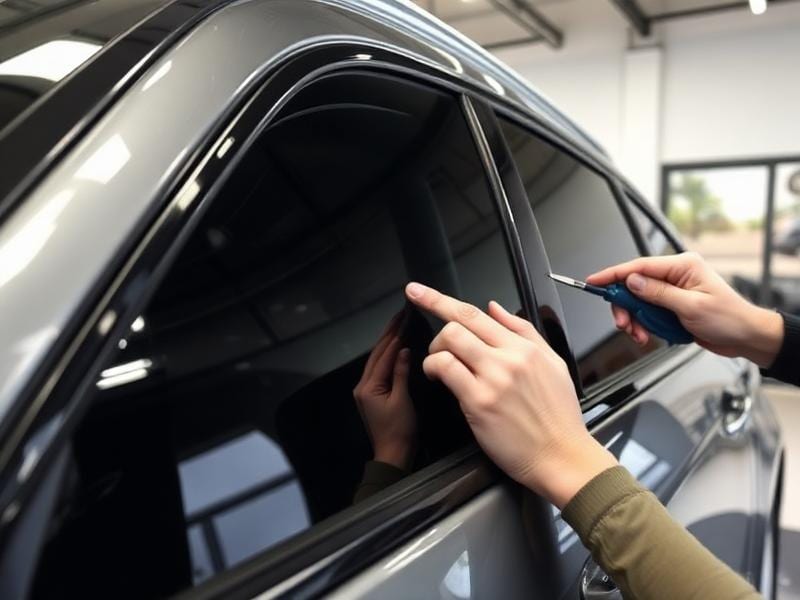 Hands applying tint film to a car door window