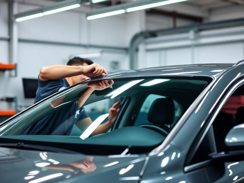 Technician fitting a windshield on a car inside a shop