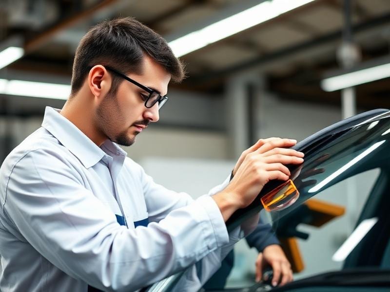 Technician inspecting a vehicle windshield in a workshop