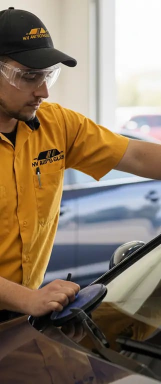 Technician in HV Auto Glass uniform and safety glasses working along the edge of a windshield
